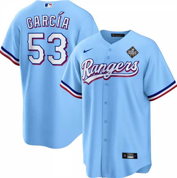 Men's Texas Rangers #53 Adolis Garcia Blue 2023 World Series Cool Base Stitched Baseball Jersey Dzhi